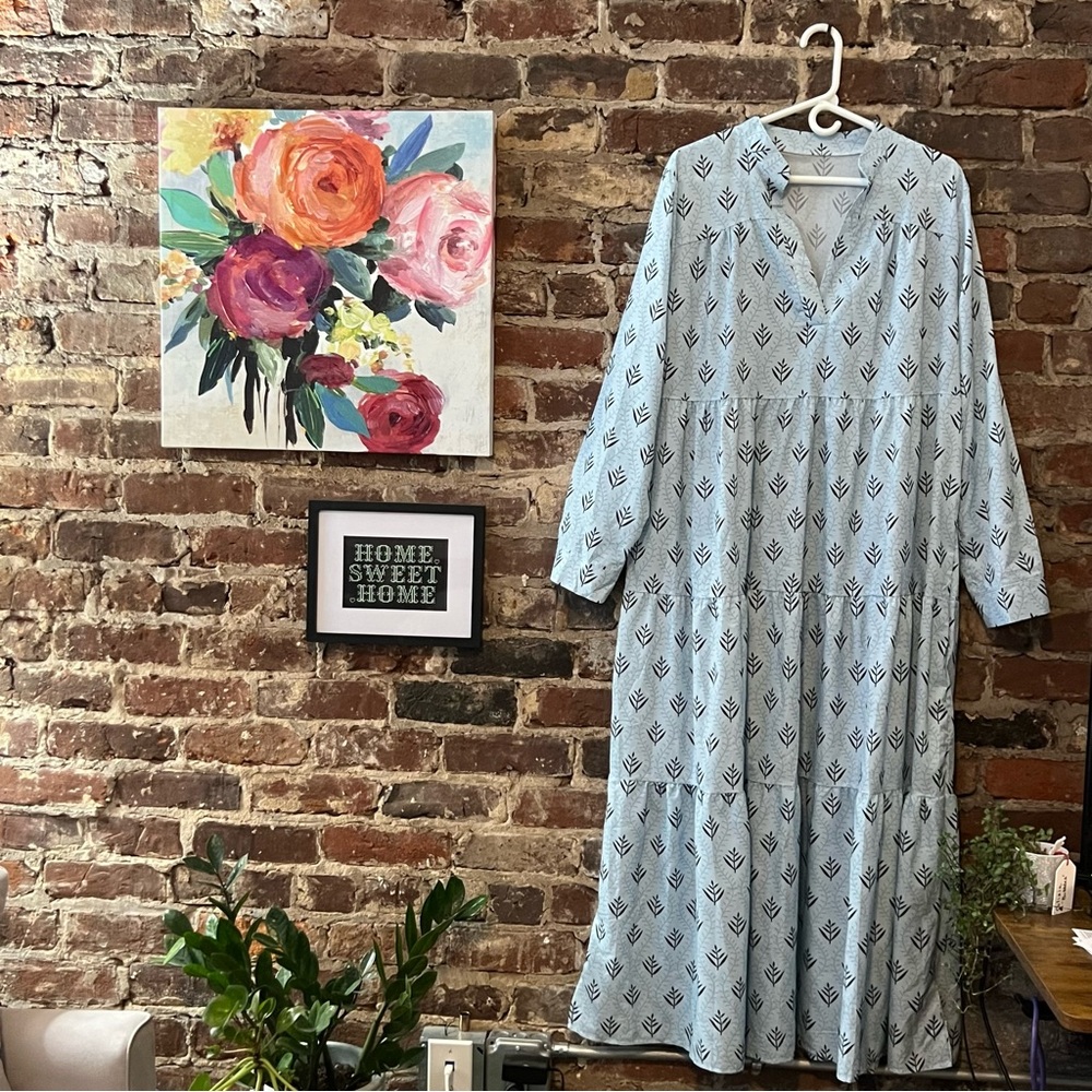 Light Blue Tiered Maxi Dress with dark blue Leaf Print